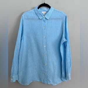 J.Jill Love Linen Striped Shirt L Blue White Relaxed Classic Beachy Quiet Luxury